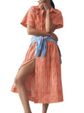 Chouyatou Women's Contrast Color Striped Shirt Dress Pleated Button Down Maxi Long Tunic Dress