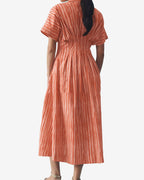 Chouyatou Women's Contrast Color Striped Shirt Dress Pleated Button Down Maxi Long Tunic Dress