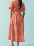 Chouyatou Women's Contrast Color Striped Shirt Dress Pleated Button Down Maxi Long Tunic Dress