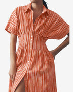 Chouyatou Women's Contrast Color Striped Shirt Dress Pleated Button Down Maxi Long Tunic Dress