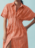 Chouyatou Women's Contrast Color Striped Shirt Dress Pleated Button Down Maxi Long Tunic Dress