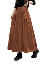 Chouyatou Women's Corduroy Maxi Skirt Elastic High Waist Drawstring Tie Front A-Line Pleated Long Skirt with Pockets