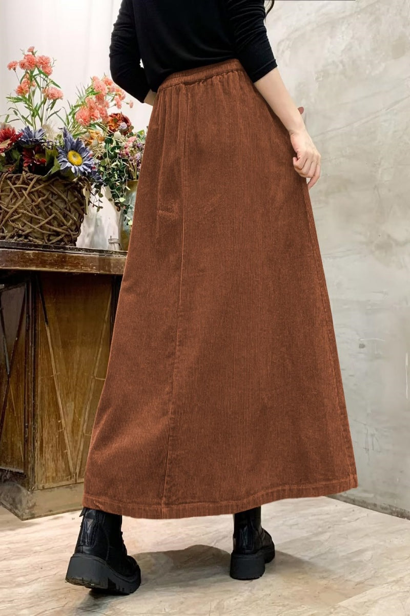 Chouyatou Women's Corduroy Maxi Skirt Elastic High Waist Drawstring Tie Front A-Line Pleated Long Skirt with Pockets