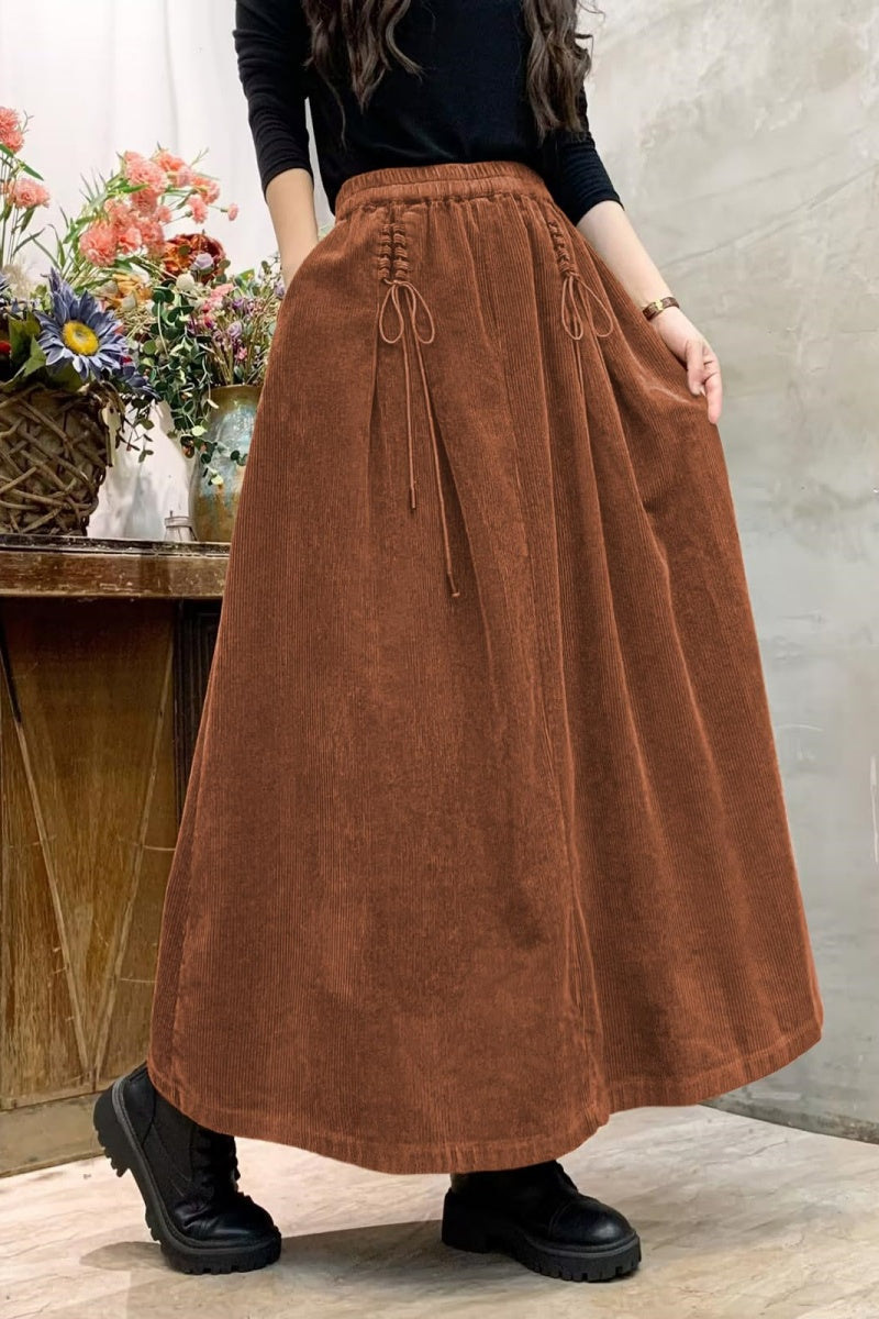 Chouyatou Women's Corduroy Maxi Skirt Elastic High Waist Drawstring Tie Front A-Line Pleated Long Skirt with Pockets