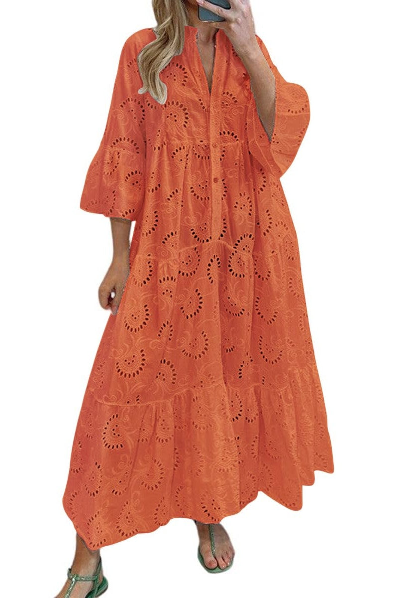 Chouyatou Women's Lace Eyelet Embroidery Maxi Dress V-Neck Trumpet Sleeve Boho Flowy Swing Dress