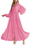 Chouyatou Women's Casual Long Sleeve Button Down Shirt Dress Elegant Pleated Flowy Swing Maxi Dress