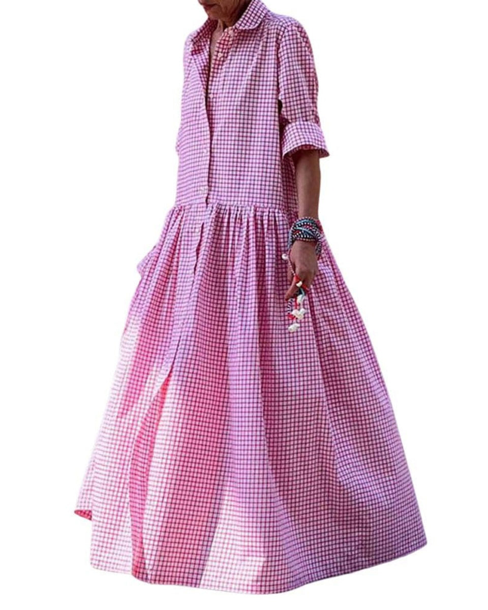 Chouyatou Women's Retro Plaid Button Down Maxi Shirt Dress Long Sleeve Button Up Gingham Swing Long Dress