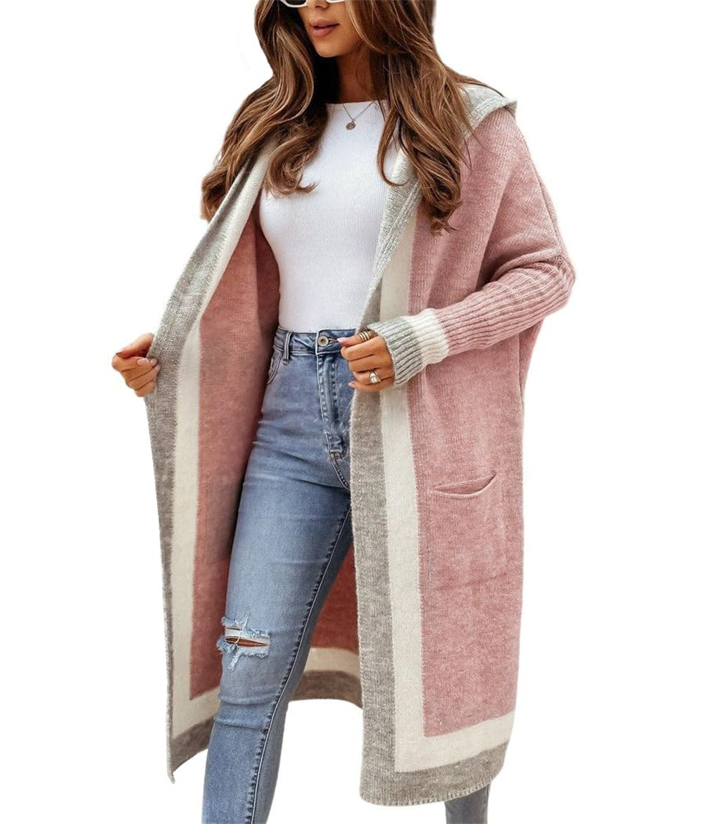 Chouyatou Women's Color Block Vertical Striped Open Front Oversized Hooded Long Cardigan Sweaters with Pockets