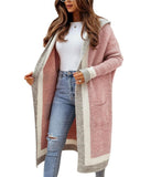 Chouyatou Women's Color Block Vertical Striped Open Front Oversized Hooded Long Cardigan Sweaters with Pockets
