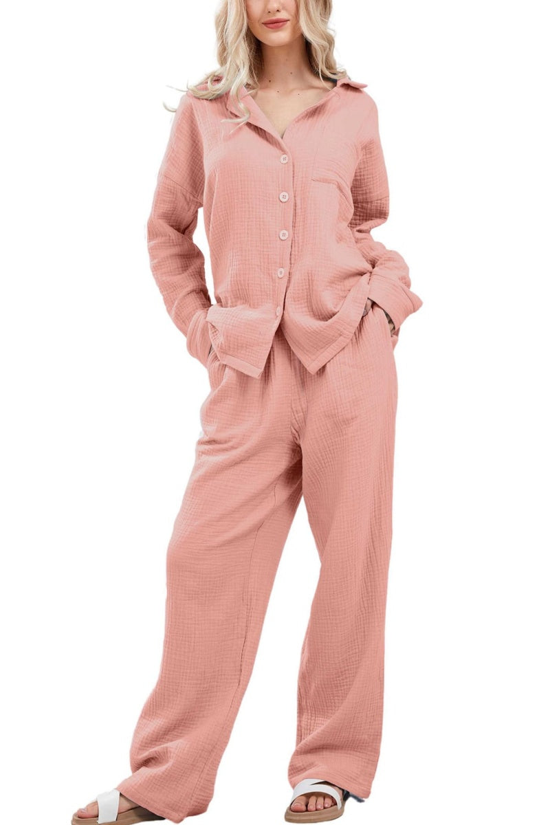Chouyatou Womens Pajama Sets Cotton Pj Set Cute Heart Print Long Sleeve Button Down Shirt With Long Pants