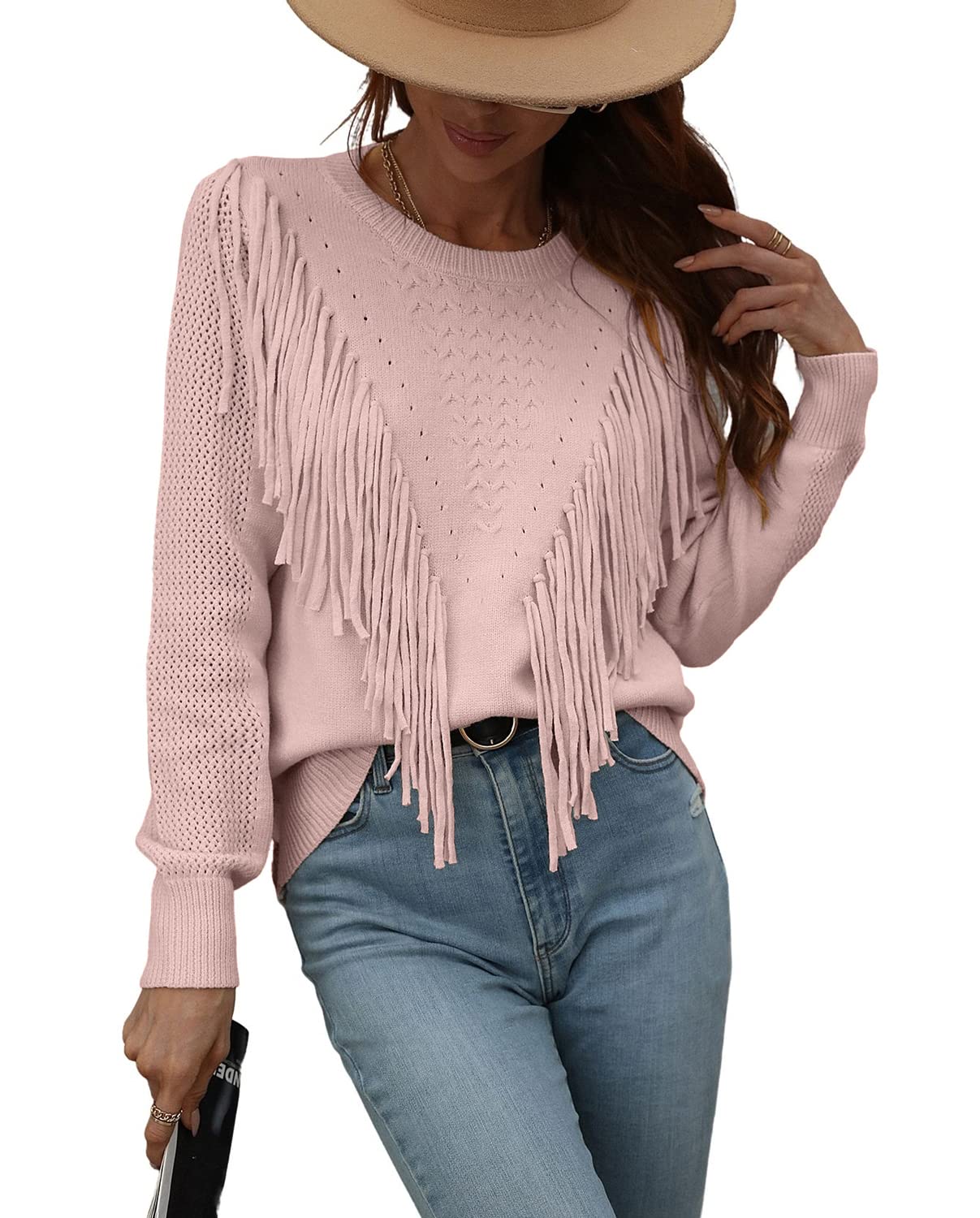 Chouyatou Women's Casual Crewneck Fringe Tassel Knitted Pullover Sweater Jumper Tops