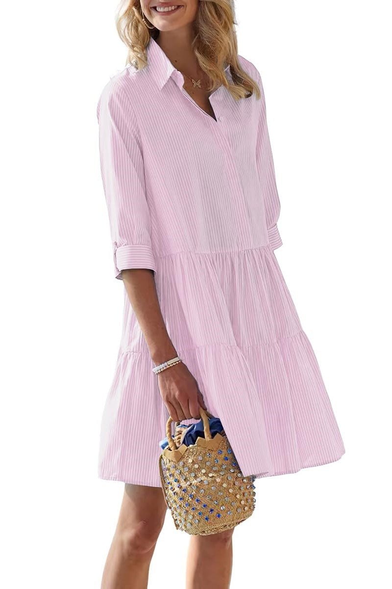 Chouyatou Women's Striped Button Down Shirt Dress Loose Casual Cuffed Sleeve Tiered Mini Tunic Dress