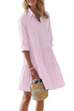 Chouyatou Women's Striped Button Down Shirt Dress Loose Casual Cuffed Sleeve Tiered Mini Tunic Dress