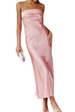Chouyatou Women's Summer Satin Silk Maxi Bodycon Dresses Strapless Tube Backless Hollow Out Elegant Long Party Club Dress