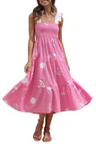 Chouyatou Women's Cute Printed Tie Strap Smocked Midi Dress Tiered Ruffled Swing Summer Dress