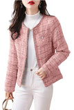 Chouyatou Women's Elegant Open Front Tweed Jacket Slim Collarless Bussiness Casual Blazer Jacket