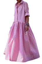 Chouyatou Women's Retro Plaid Button Down Maxi Shirt Dress Long Sleeve Button Up Gingham Swing Long Dress