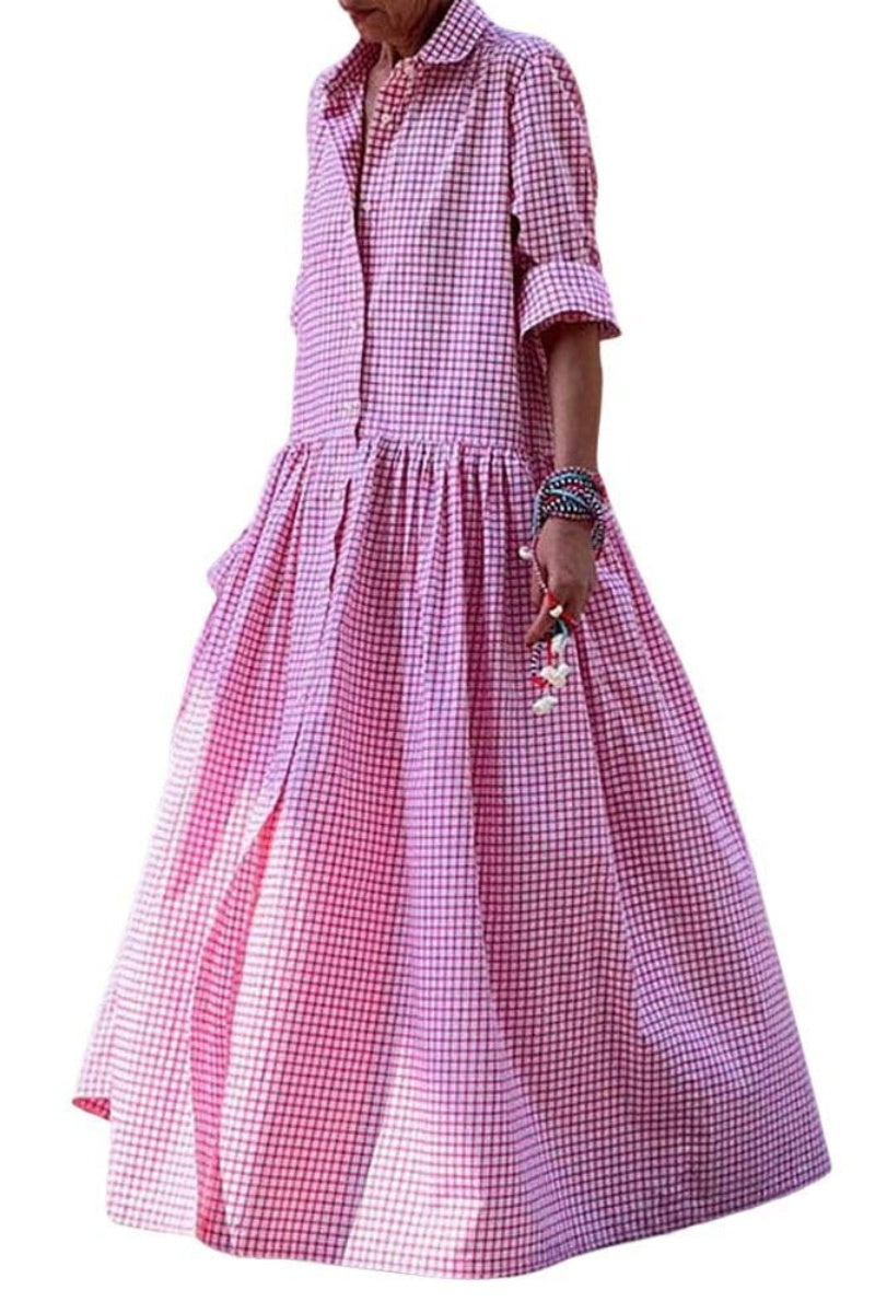 Chouyatou Women's Retro Plaid Button Down Maxi Shirt Dress Long Sleeve Button Up Gingham Swing Long Dress