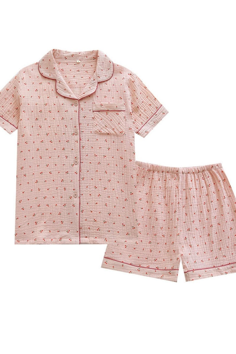 Chouyatou Womens Cute Pajama Set Short Sleeve Button Up Shirt and Shorts 2 Piece Cotton Pj Sets