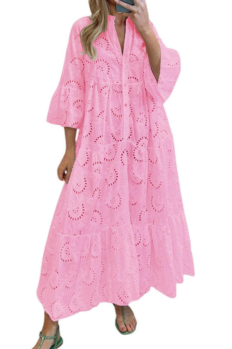 Chouyatou Women's Lace Eyelet Embroidery Maxi Dress V-Neck Trumpet Sleeve Boho Flowy Swing Dress