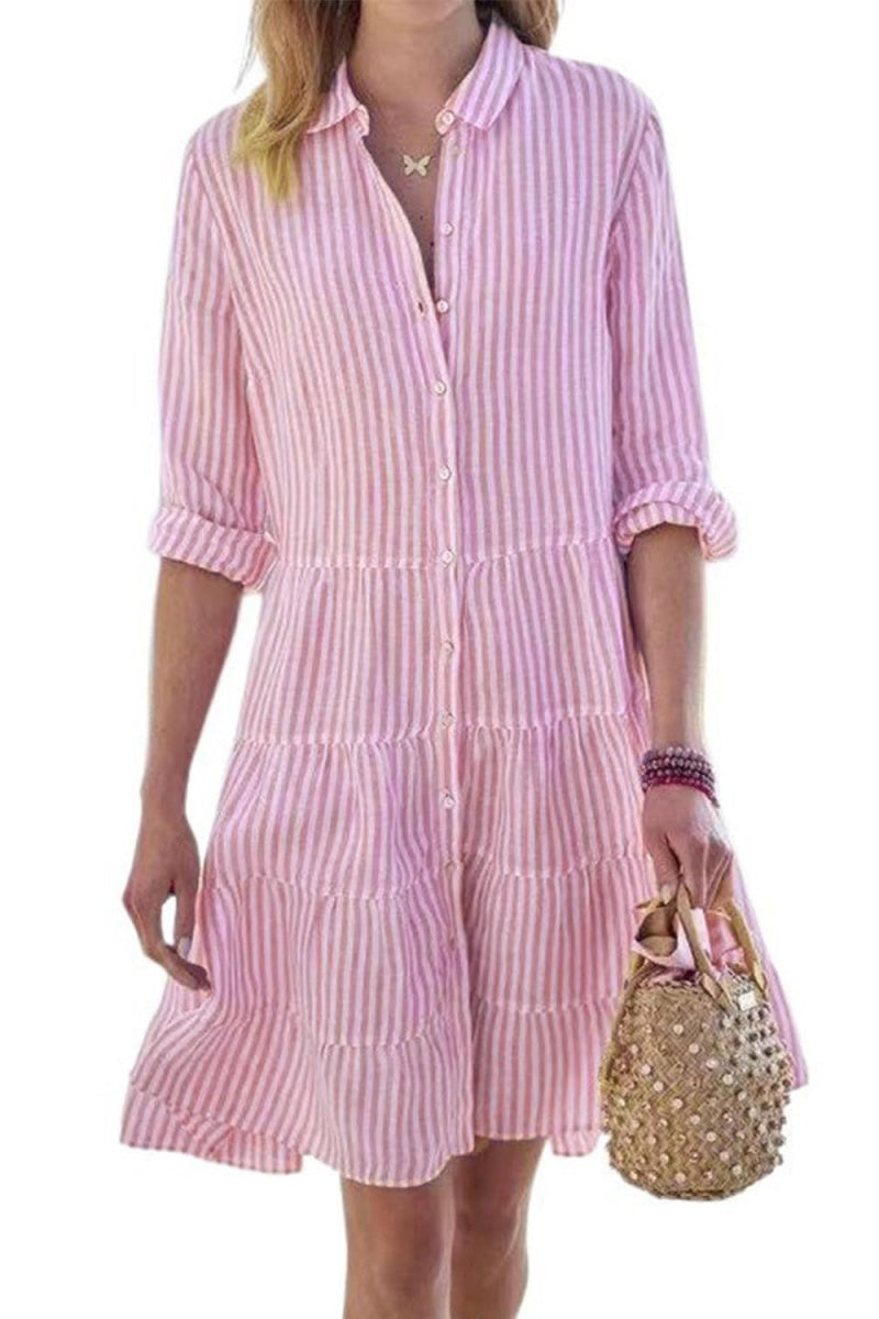 Chouyatou Womens Striped Button Down Midi Shirt Dress Casual Loose Cuffed Long Sleeve Mid Long Dresses