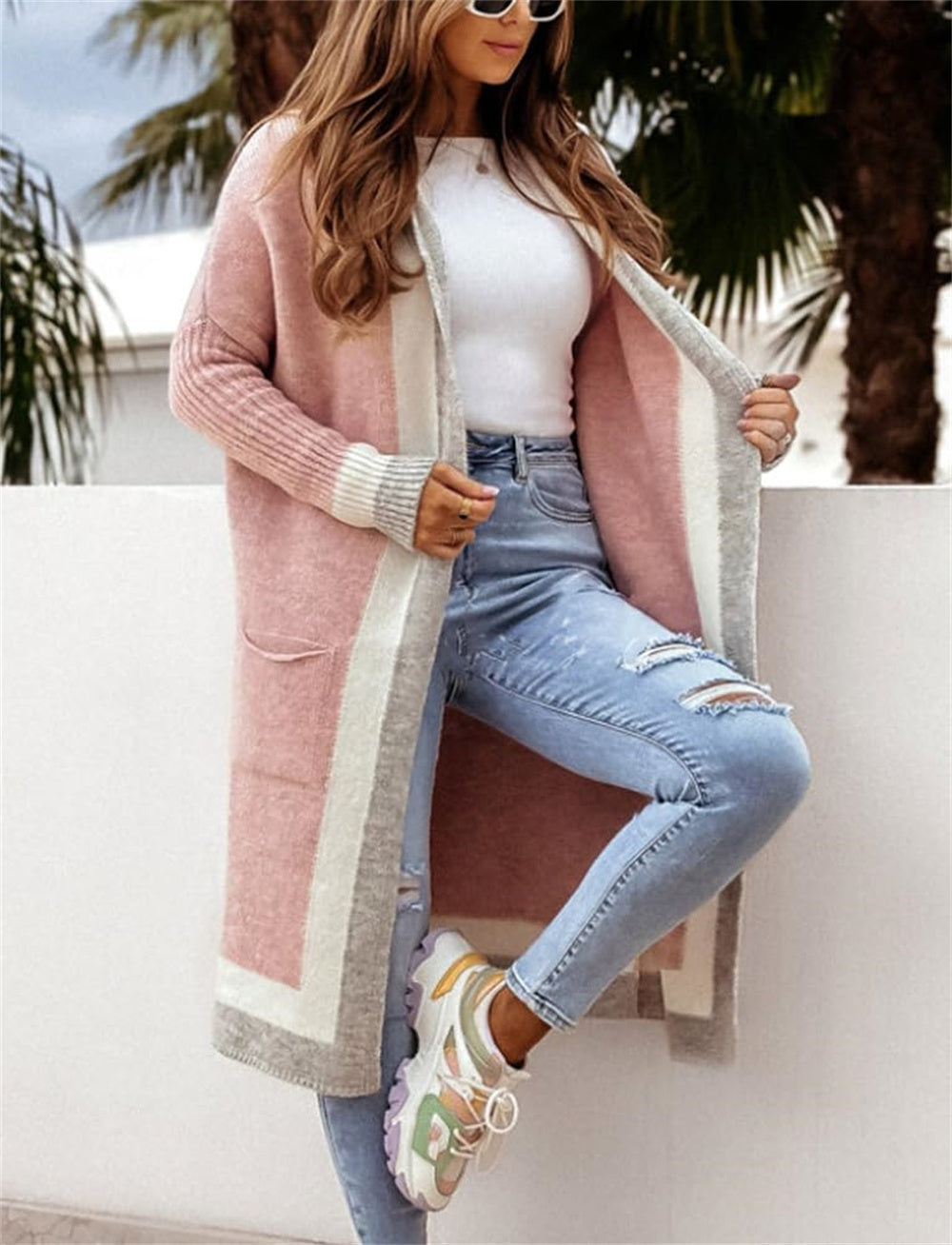 Chouyatou Women's Color Block Vertical Striped Open Front Oversized Hooded Long Cardigan Sweaters with Pockets
