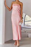 Chouyatou Women's Summer Satin Silk Maxi Bodycon Dresses Strapless Tube Backless Hollow Out Elegant Long Party Club Dress