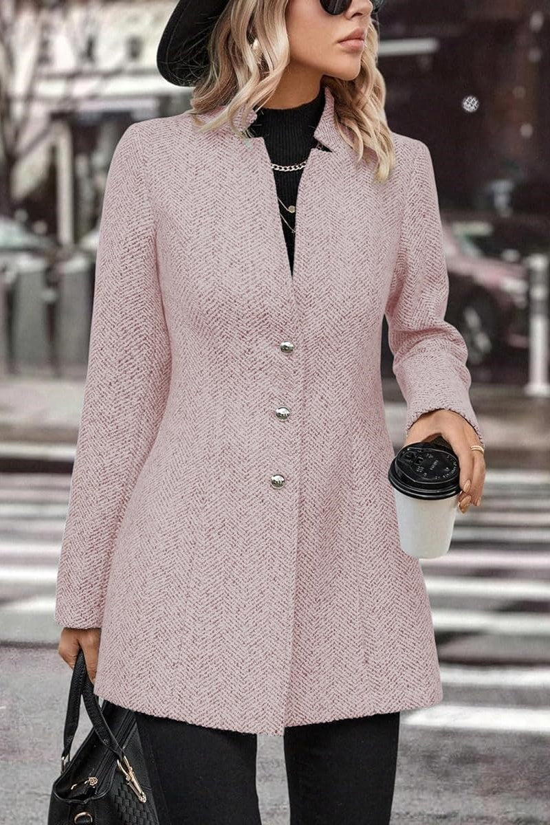 Chouyatou Women's Business Casual Herringbone Wool Coat Button Up Notch Collar Dressy Blazer Jacket