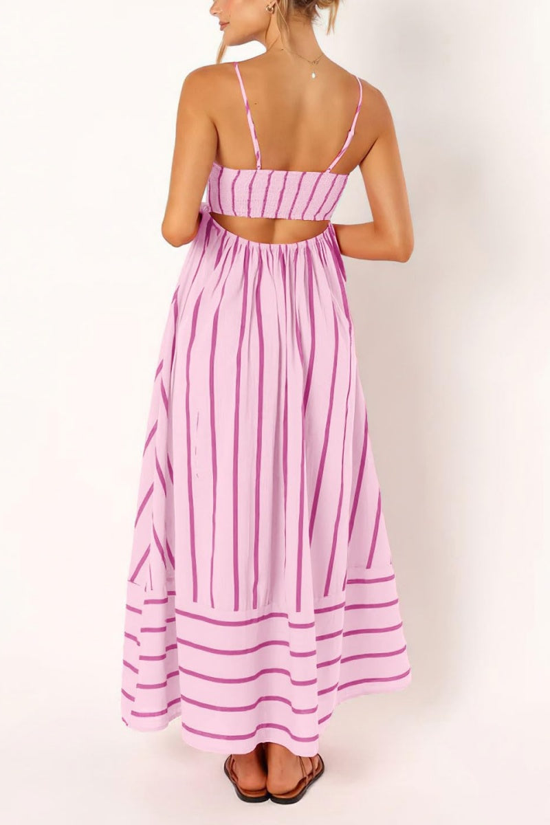 Chouyatou Women's Striped Back Smocked Maxi Dress Sexy Spaghetti Strap Cut Out Flowy Swing Long Dress