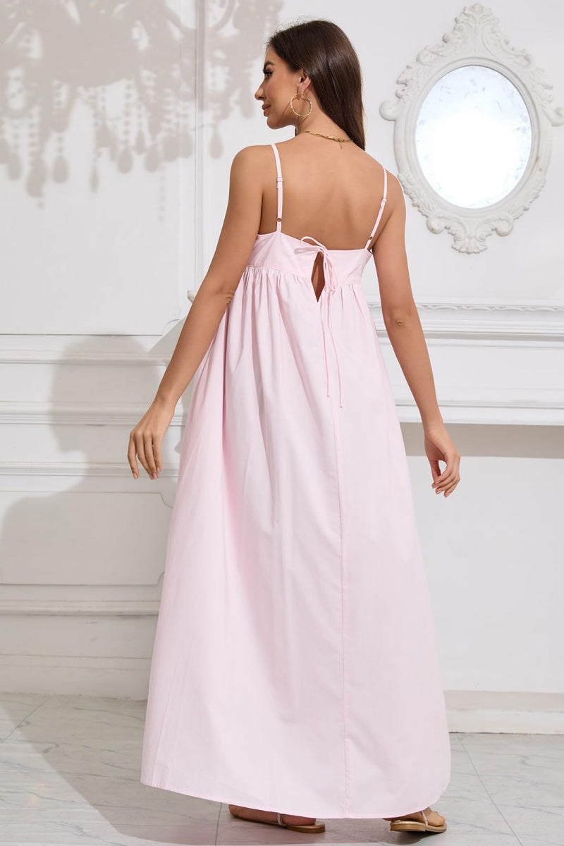 Chouyatou Women's Summer Backless Tied Spaghetti Straps Casual Loose Cutout Maxi Dress with Pockets
