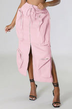 Chouyatou Women's Vintage 90s Drawstring Stretchy Zipper Muti-Pockets Pencil Long Cargo Skirt