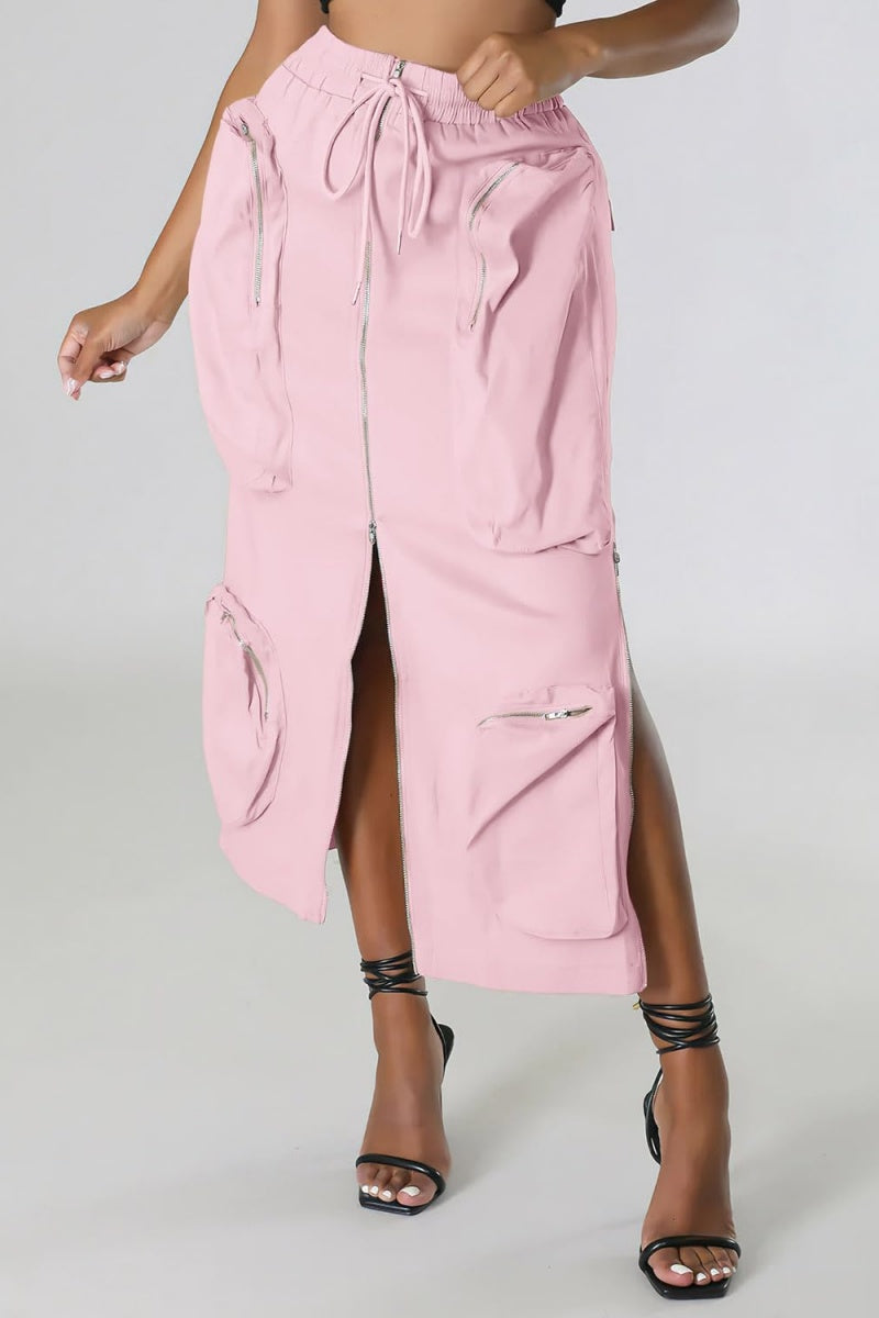 Chouyatou Women's Vintage 90s Drawstring Stretchy Zipper Muti-Pockets Pencil Long Cargo Skirt