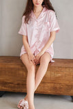 Chouyatou Womens Striped Satin Pajamas Set Button Up 2 Piece Silk Pjs Shorts Set Ruffle Sleepwear