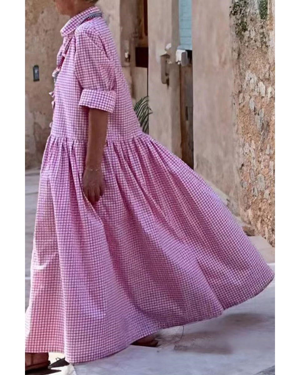 Chouyatou Women's Retro Plaid Button Down Maxi Shirt Dress Long Sleeve Button Up Gingham Swing Long Dress