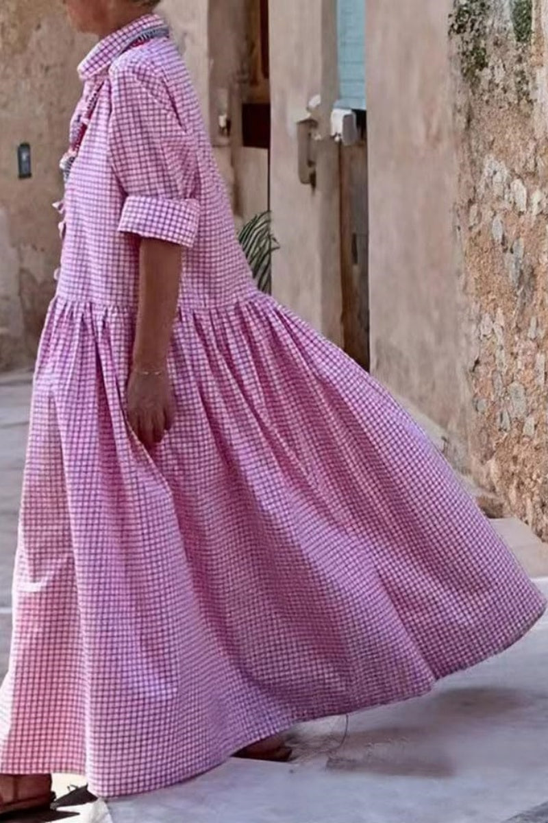 Chouyatou Women's Retro Plaid Button Down Maxi Shirt Dress Long Sleeve Button Up Gingham Swing Long Dress