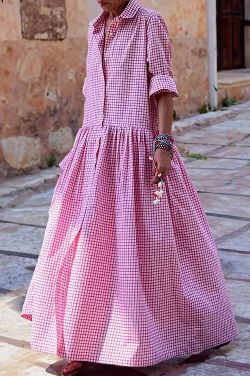 Chouyatou Women's Retro Plaid Button Down Maxi Shirt Dress Long Sleeve Button Up Gingham Swing Long Dress