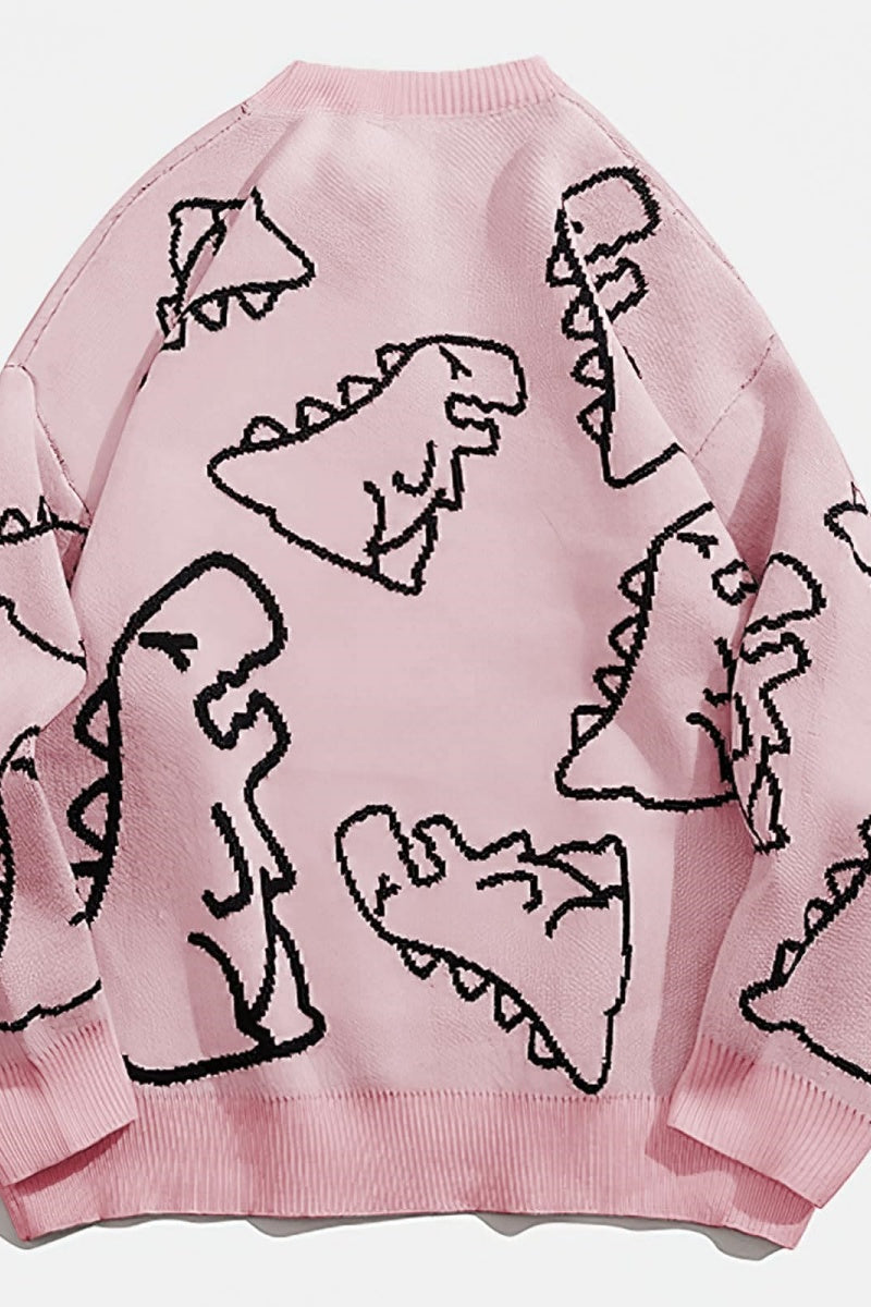 Chouyatou Women's Dinosaur Graphic Sweaters Cartoon Kwaii Knit Crewneck Long Sleeve Oversized Pullover Jumpers