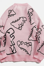 Chouyatou Women's Dinosaur Graphic Sweaters Cartoon Kwaii Knit Crewneck Long Sleeve Oversized Pullover Jumpers