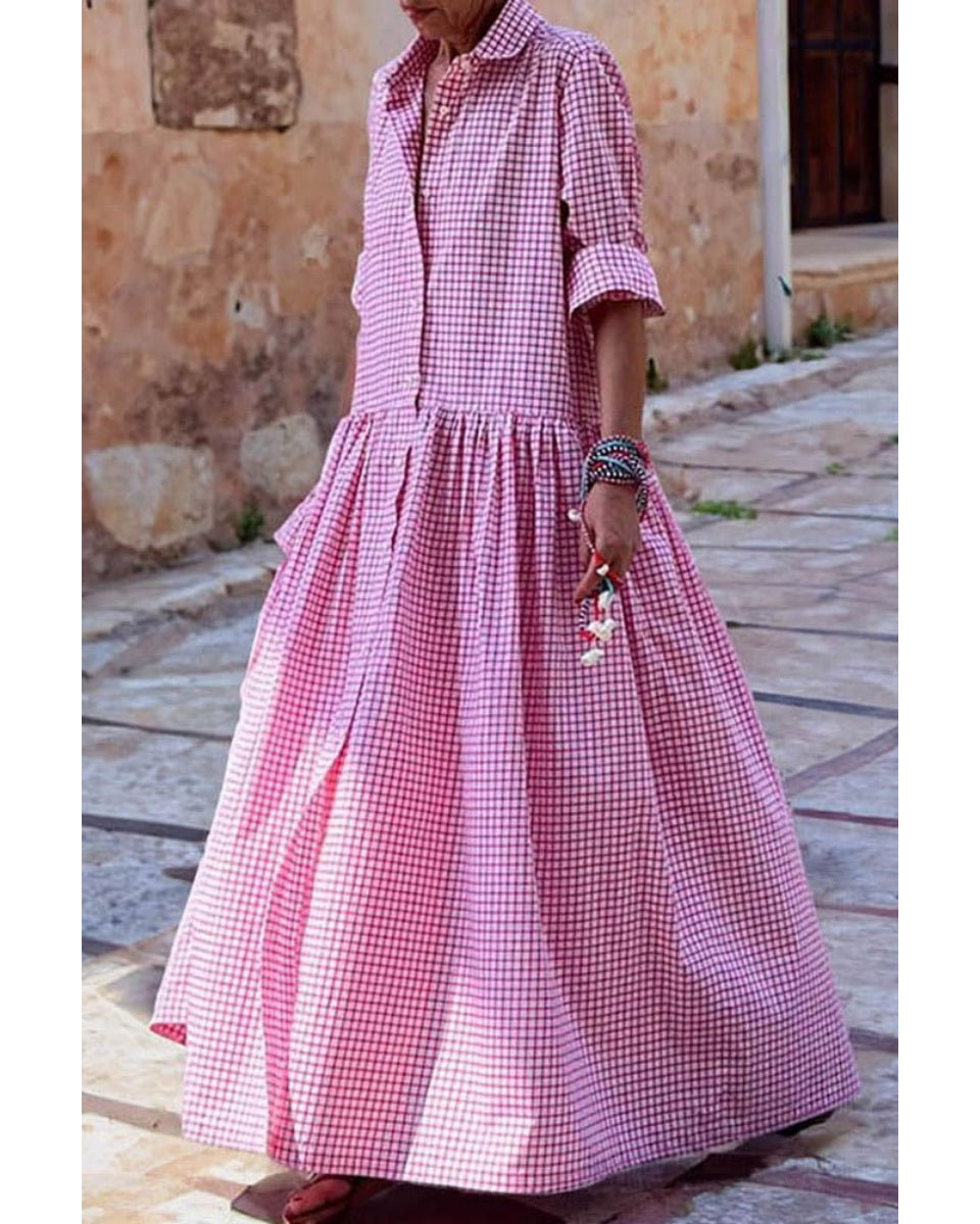 Chouyatou Women's Retro Plaid Button Down Maxi Shirt Dress Long Sleeve Button Up Gingham Swing Long Dress