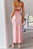 Chouyatou Women's Summer Satin Silk Maxi Bodycon Dresses Strapless Tube Backless Hollow Out Elegant Long Party Club Dress