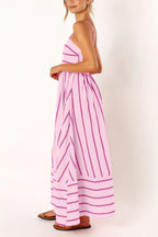 Chouyatou Women's Striped Back Smocked Maxi Dress Sexy Spaghetti Strap Cut Out Flowy Swing Long Dress