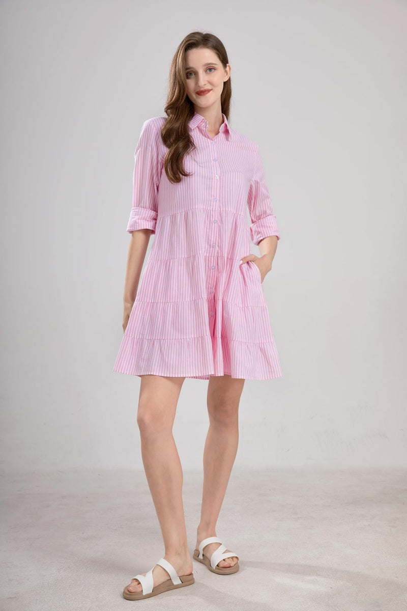 Chouyatou Womens Striped Button Down Midi Shirt Dress Casual Loose Cuffed Long Sleeve Mid Long Dresses