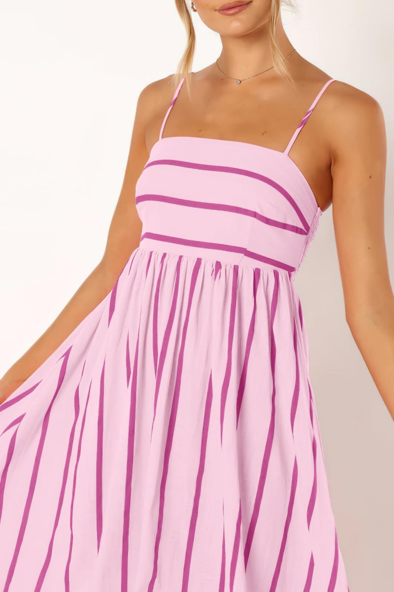 Chouyatou Women's Striped Back Smocked Maxi Dress Sexy Spaghetti Strap Cut Out Flowy Swing Long Dress