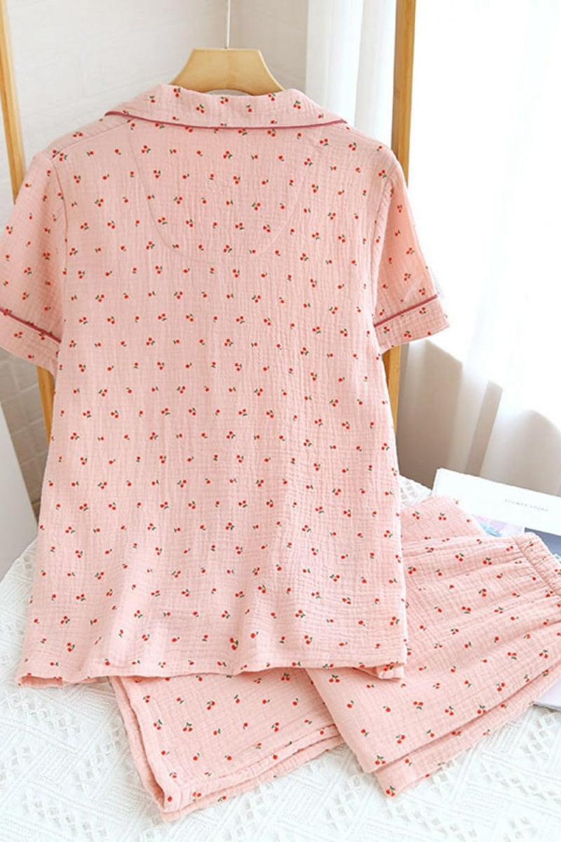 Chouyatou Womens Cute Pajama Set Short Sleeve Button Up Shirt and Shorts 2 Piece Cotton Pj Sets