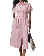 Chouyatou Women's Contrast Color Striped Shirt Dress Pleated Button Down Maxi Long Tunic Dress