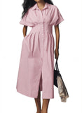 Chouyatou Women's Contrast Color Striped Shirt Dress Pleated Button Down Maxi Long Tunic Dress