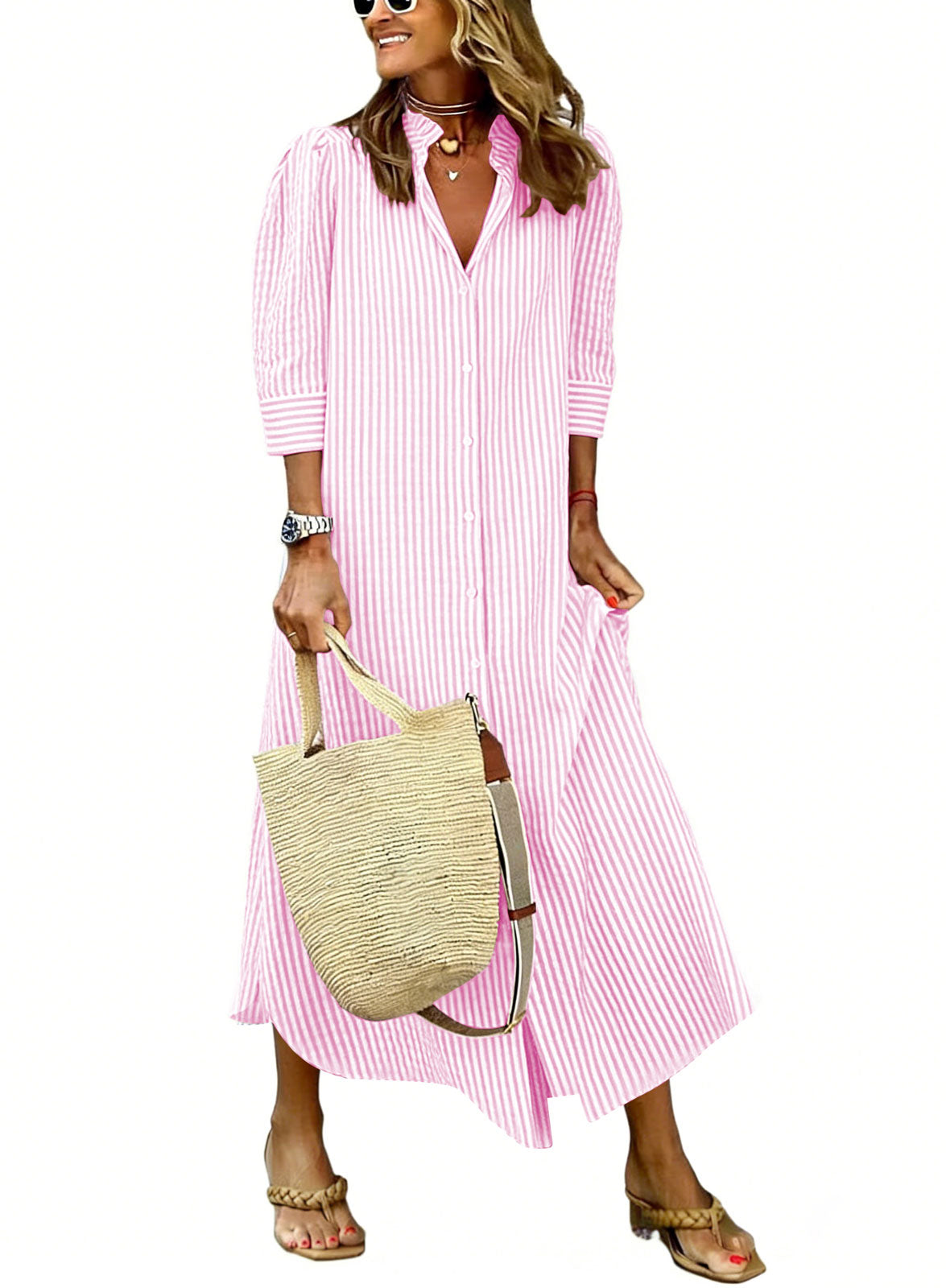 Chouyatou Women's Summer 3/4 Sleeve Striped Maxi Long Shirt Dress Boho Ruffled Button Down Beach Dress