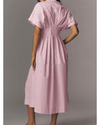 Chouyatou Women's Contrast Color Striped Shirt Dress Pleated Button Down Maxi Long Tunic Dress