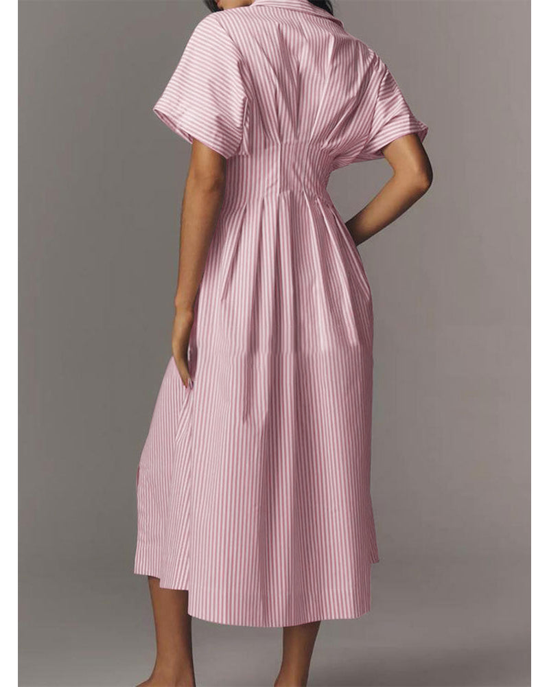 Chouyatou Women's Contrast Color Striped Shirt Dress Pleated Button Down Maxi Long Tunic Dress