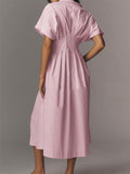 Chouyatou Women's Contrast Color Striped Shirt Dress Pleated Button Down Maxi Long Tunic Dress